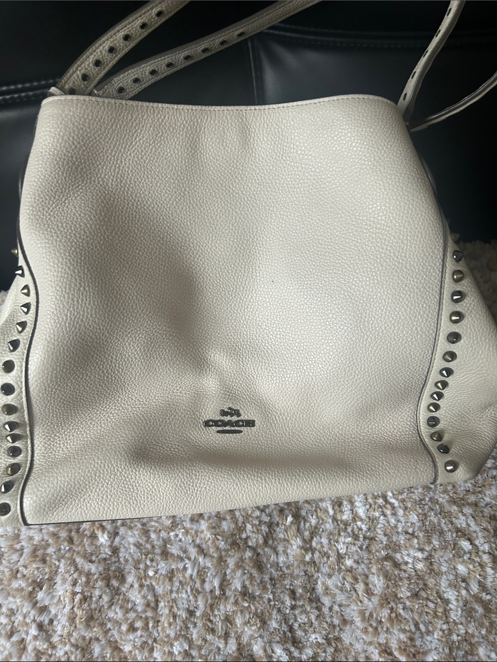 Coach Ivory Pebbled Leather Studded Shoulder Bag